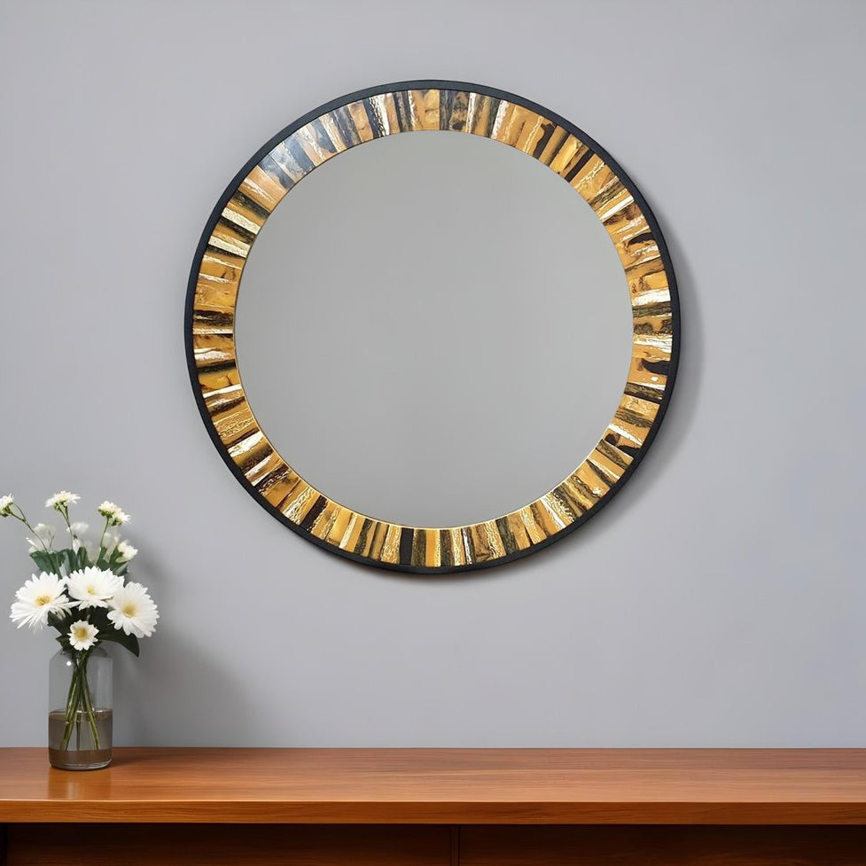32" Brown and Black Faux Stone Round Mirror