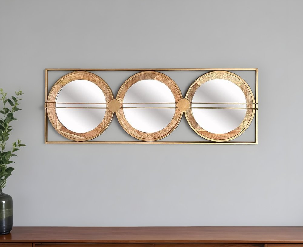40" Brown and Gold Metal and Wood Rings Mirror