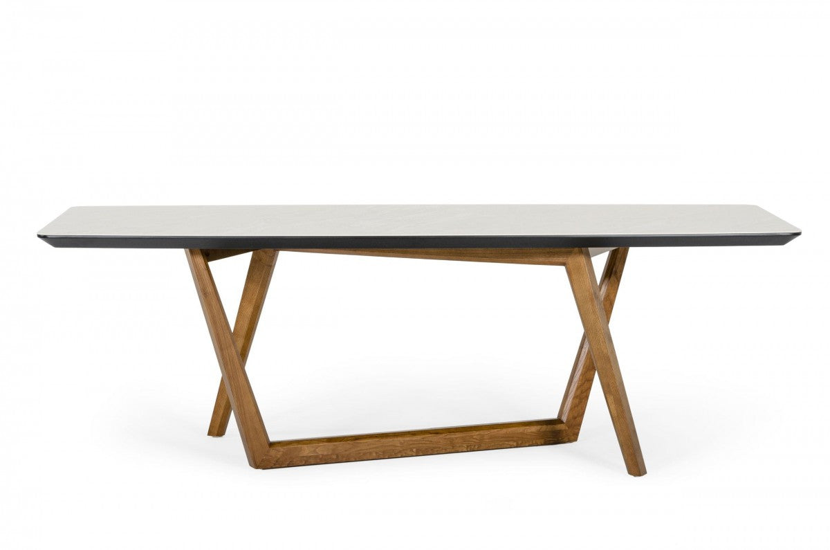 91" White And Brow Wood and Stone Top Dining Table