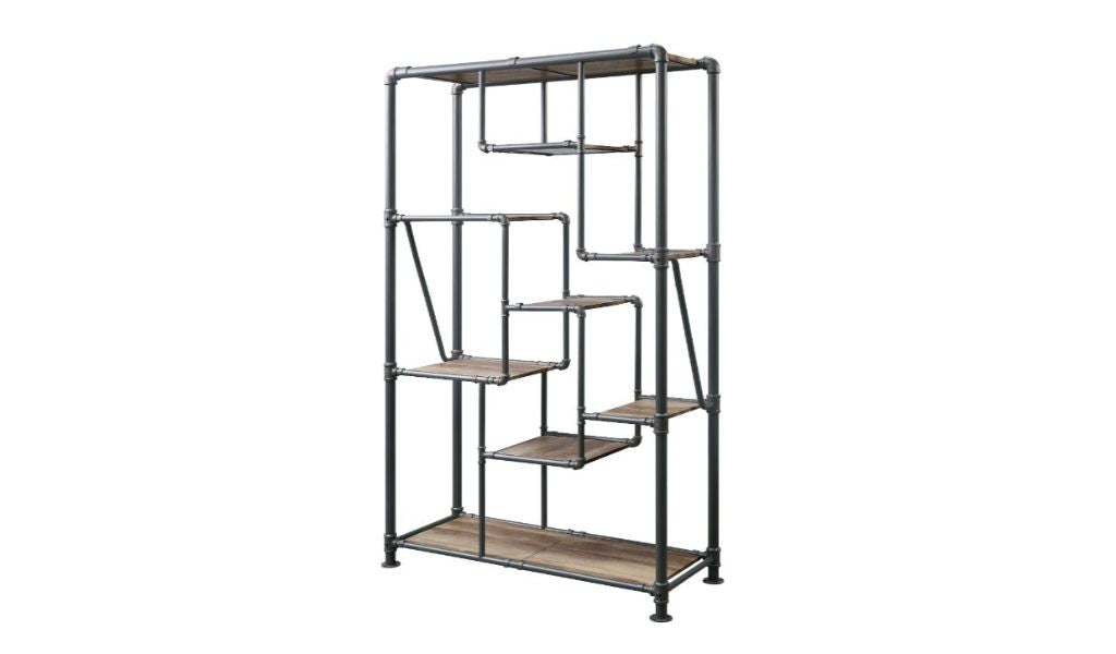 49" Gray Metal and Antique Wood Jigsaw Bookcase