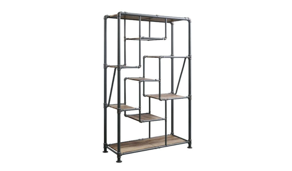 49" Gray Metal and Antique Wood Jigsaw Bookcase