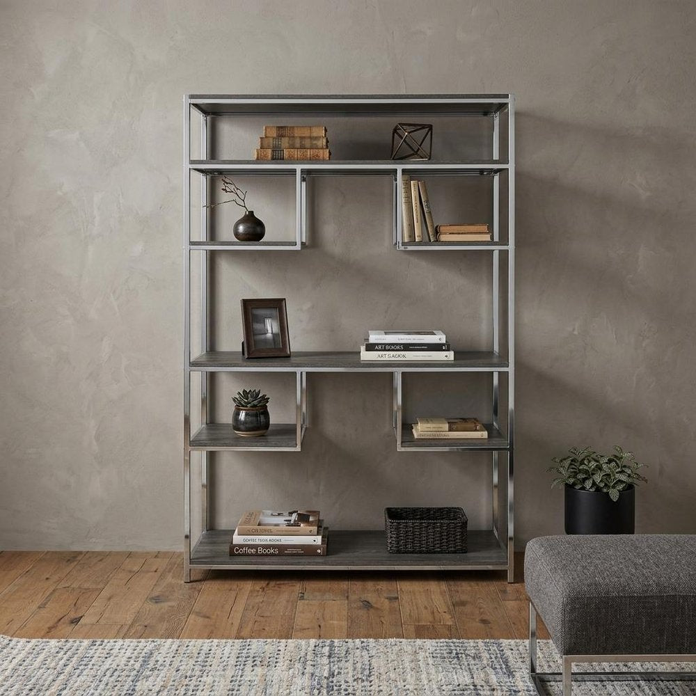 49" Gray and Silver Metal Industrial Bookcase
