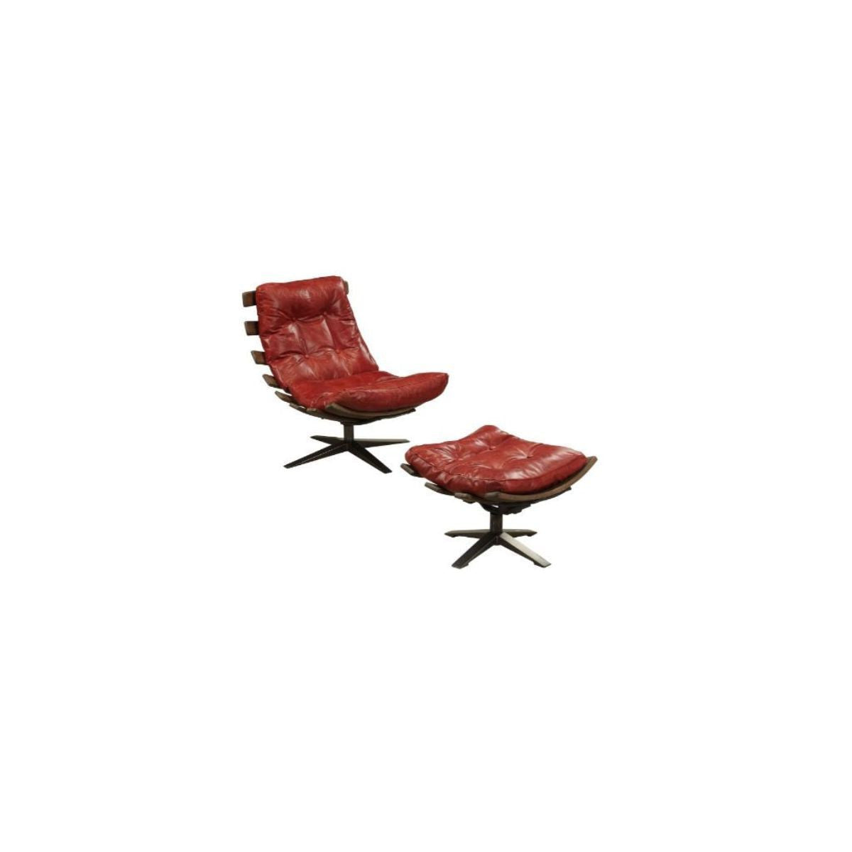 27" Red and Brown Leather Tufted Swivel Chair with Ottoman
