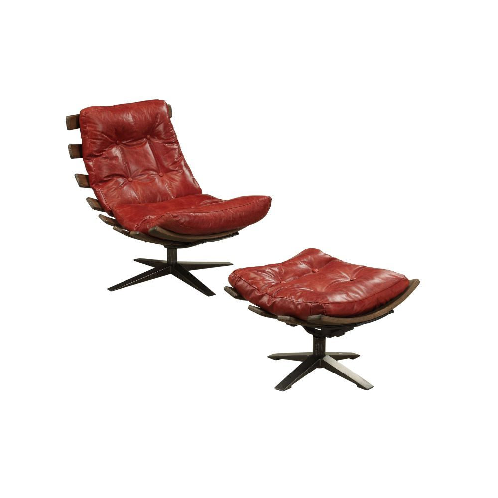 27" Red and Brown Leather Tufted Swivel Chair with Ottoman