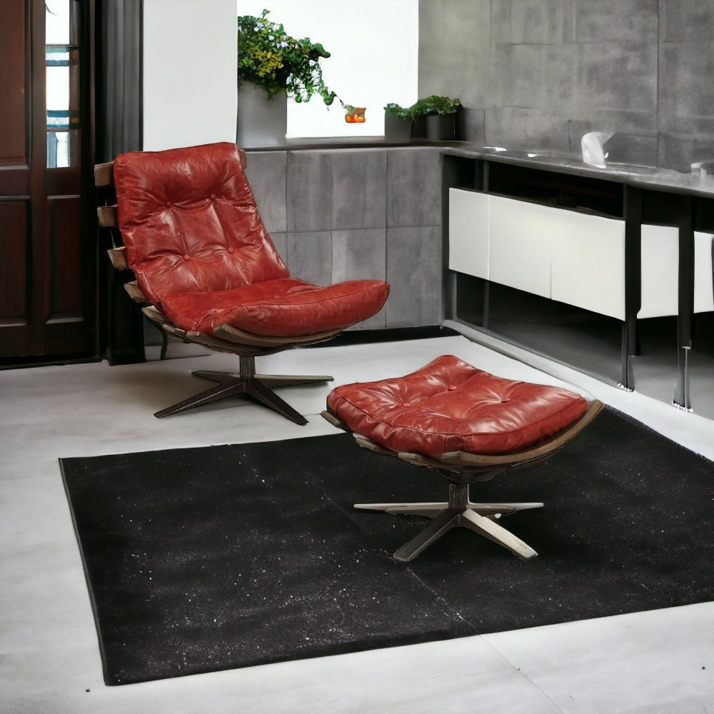 27" Red and Brown Leather Tufted Swivel Chair with Ottoman