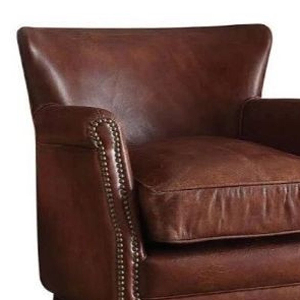 24" Brown Top Grain Leather Wingback Chair