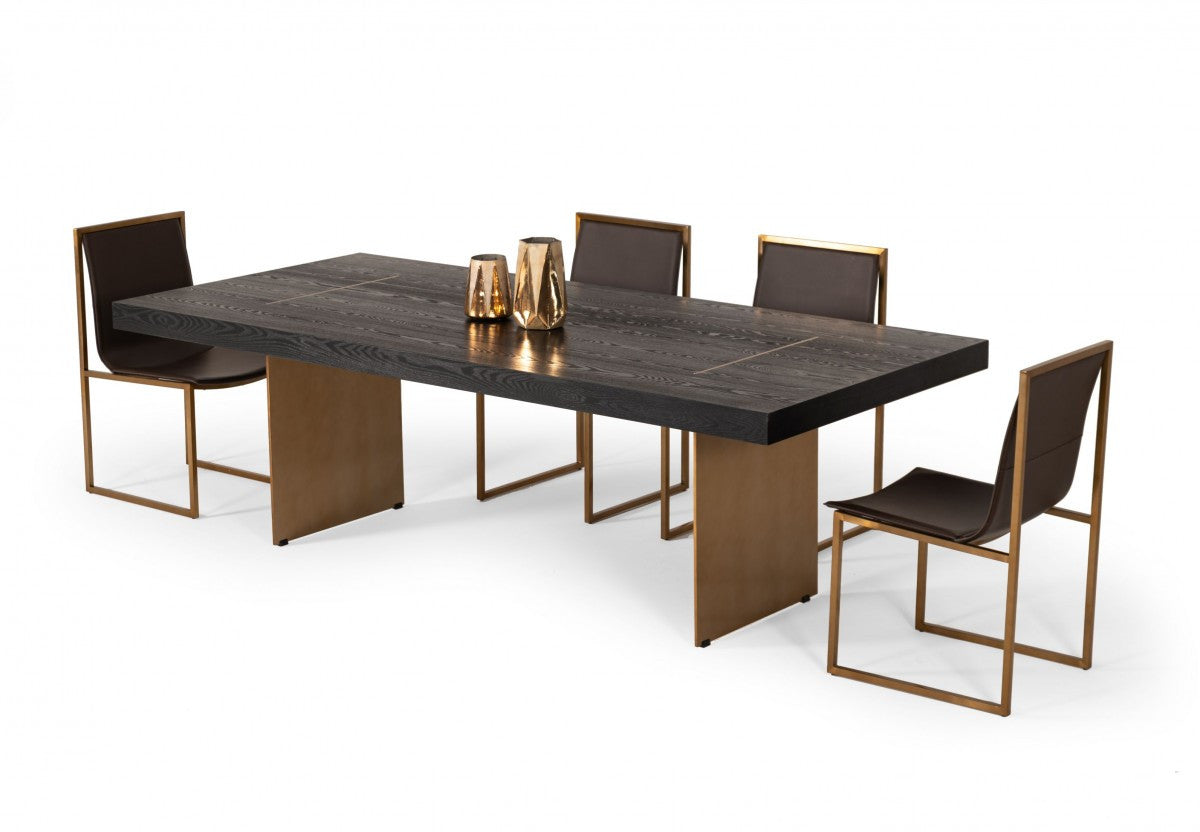 94" Dark Brown And Brass Wood And Metal Dining Table