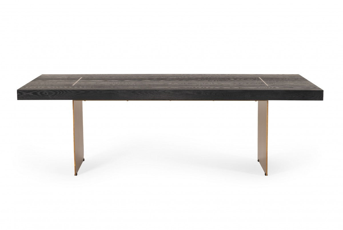 94" Dark Brown And Brass Wood And Metal Dining Table