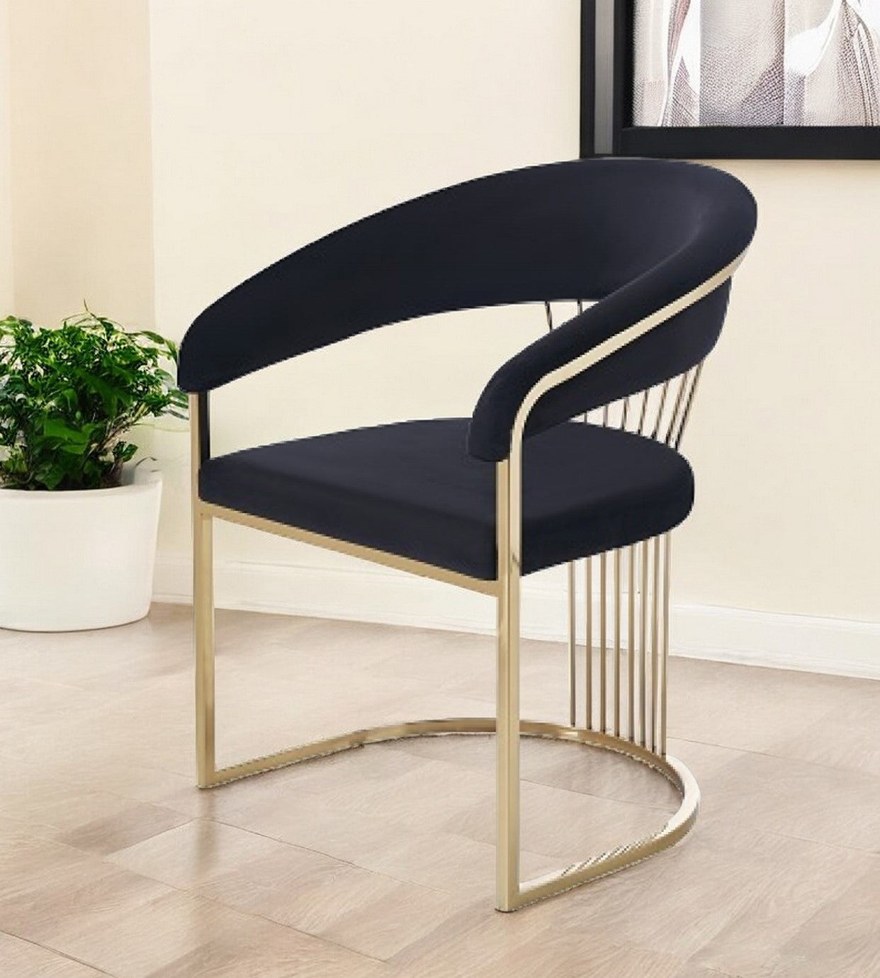 23" Black and Gold Velvet Barrel Dining Chair