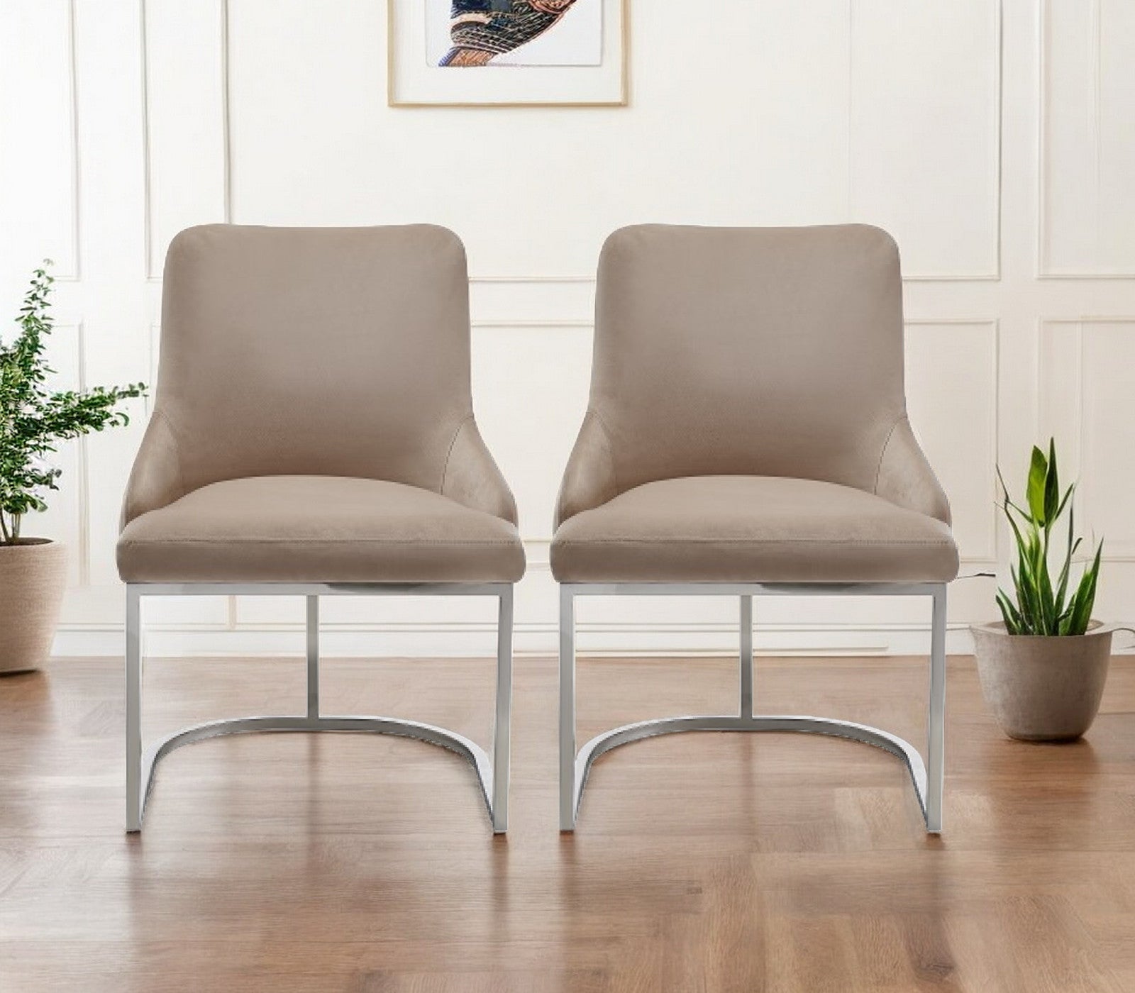 23" Set of Two Beige and Silver Wingback Dining Chair