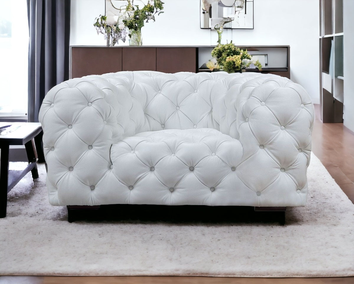 57" White Tufted Top-Grain Leather Chesterfield Chair