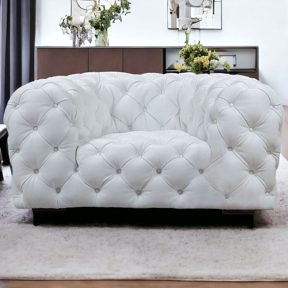 57" White Tufted Leather Modern Chesterfield Chair