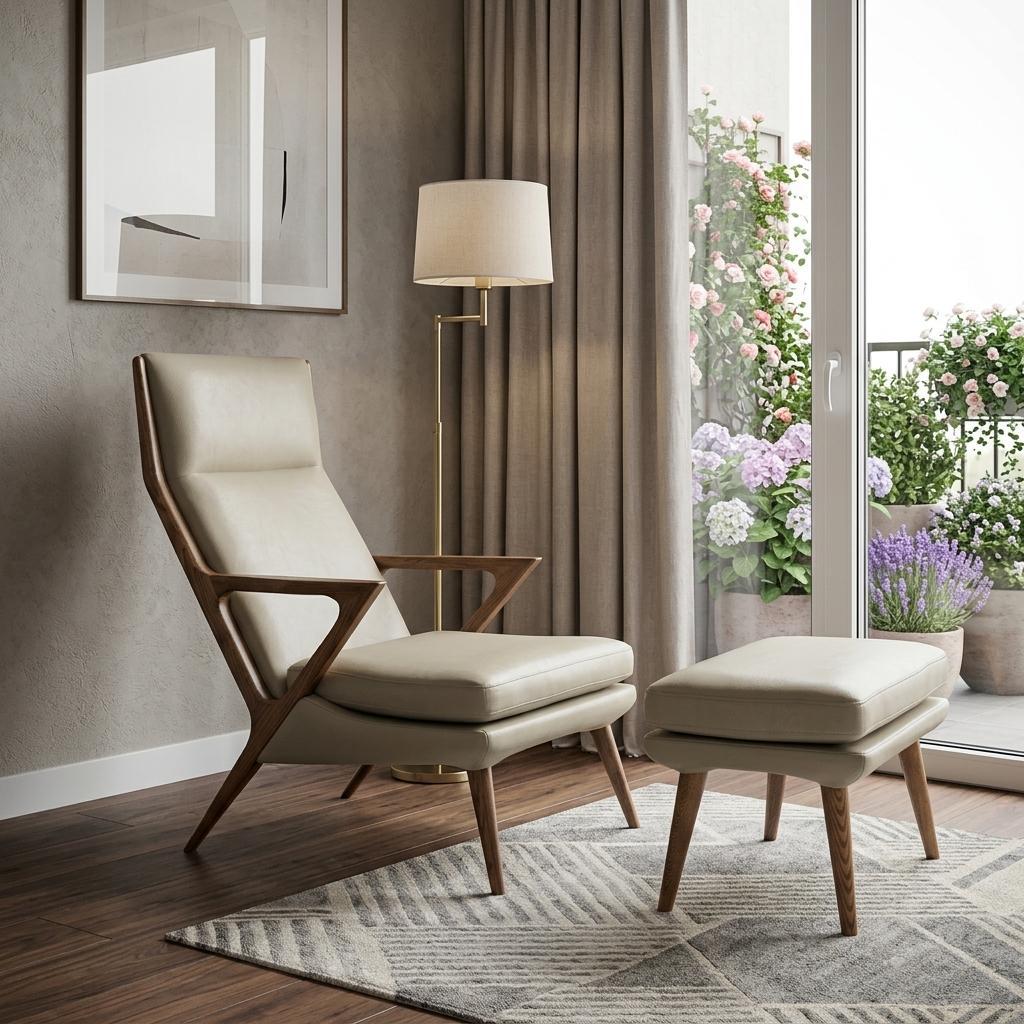 26" Beige Faux Leather Lounge Chair With Ottoman