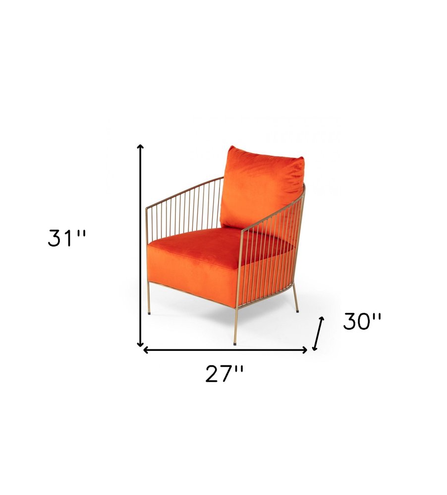 27" Orange and Gold Velvet Barrel Chair
