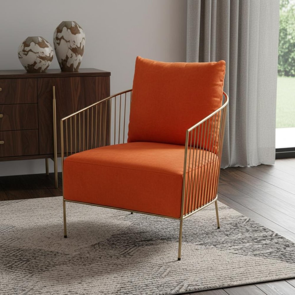 27" Orange and Gold Velvet Barrel Chair