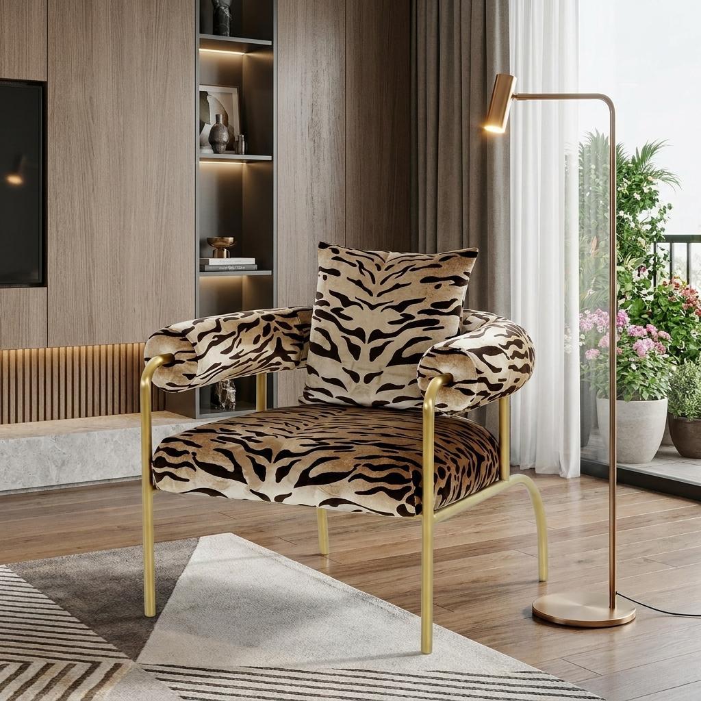 34" Beige And Black Polyester Animal Print Barrel Chair