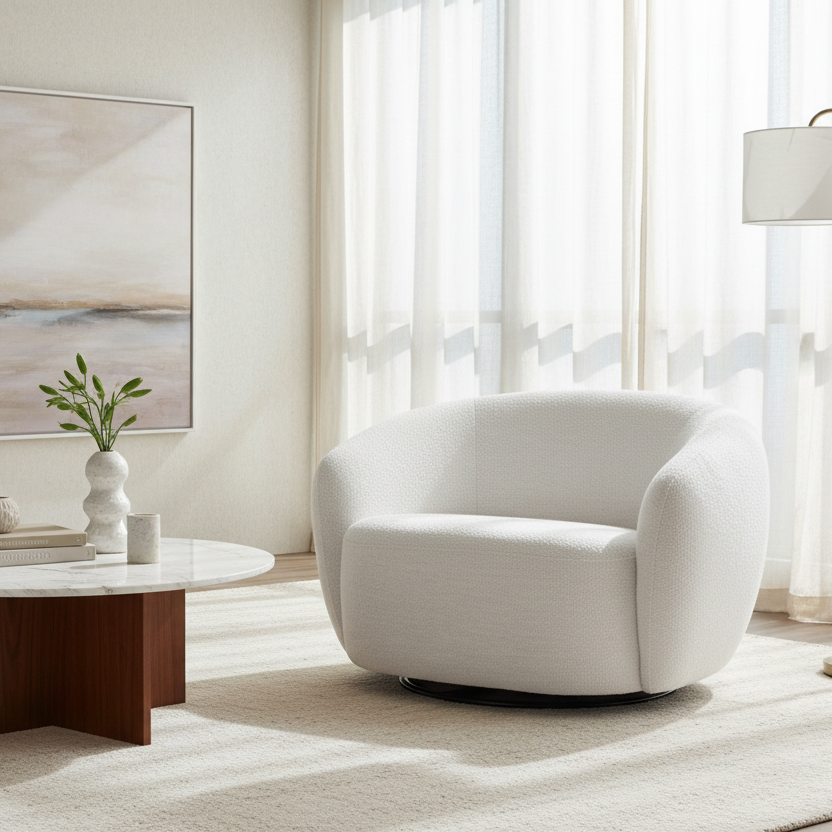 47" Modern White Swivel Barrel Chair