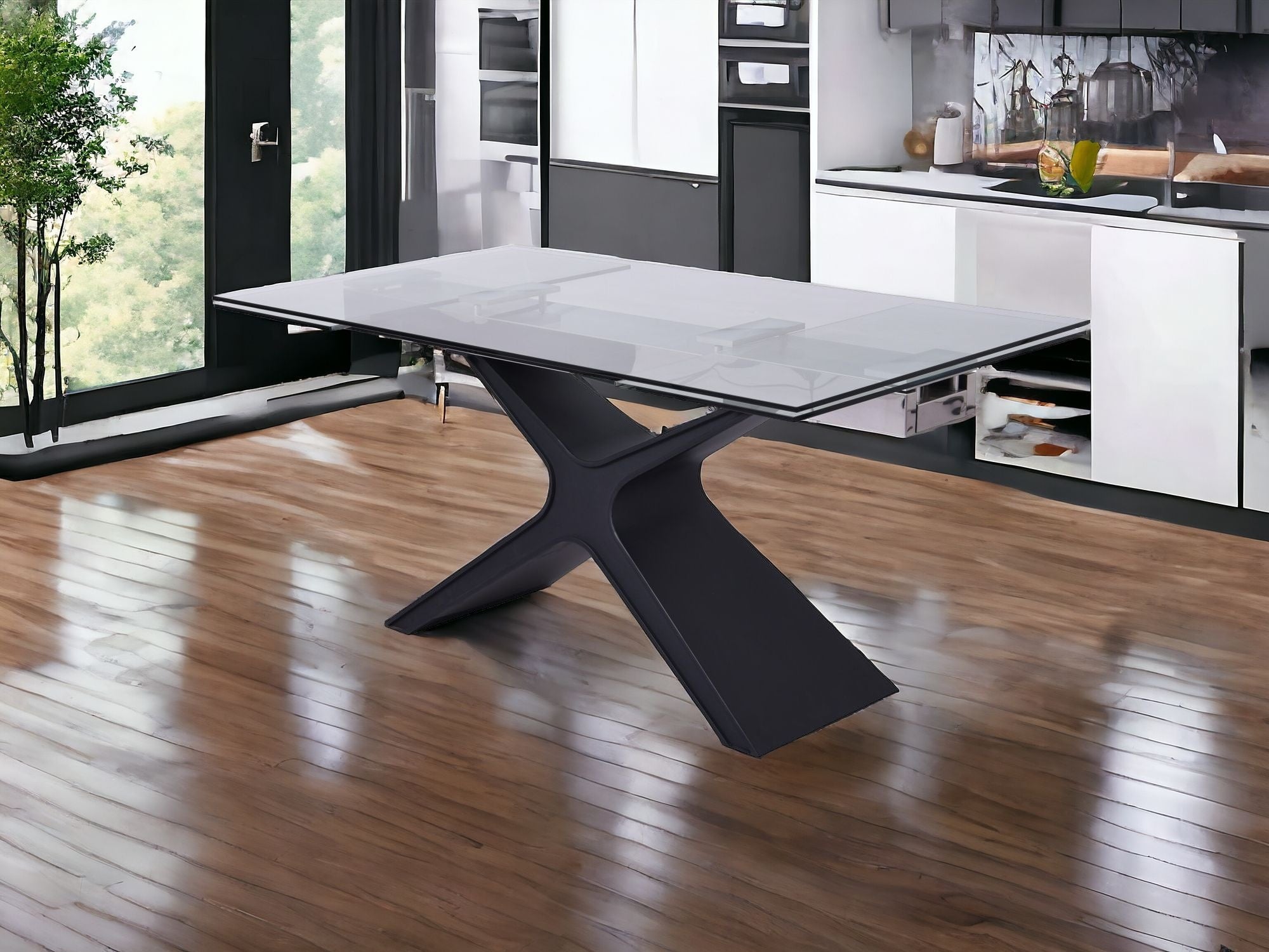 63" Black Metal and Glass Retractable Dining Table