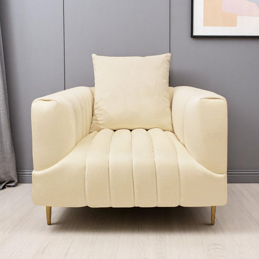 37" Ivory Velvet and Gold Tuxedo Club Chair
