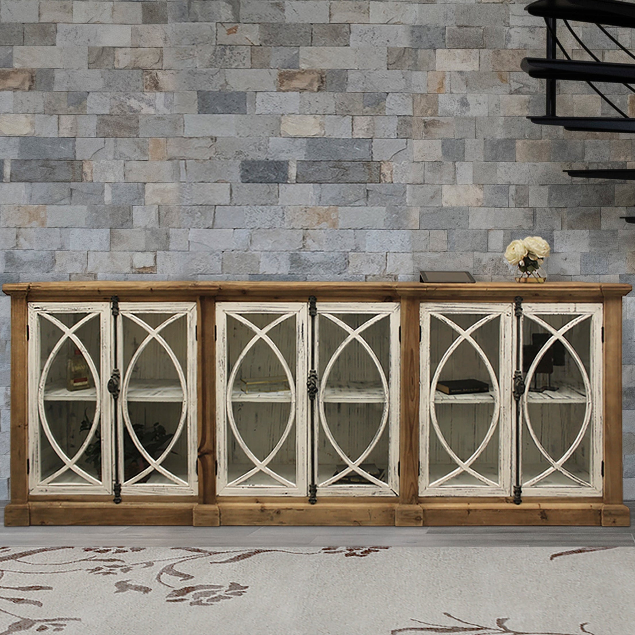 113" Brown and White Distressed Wood Credenza