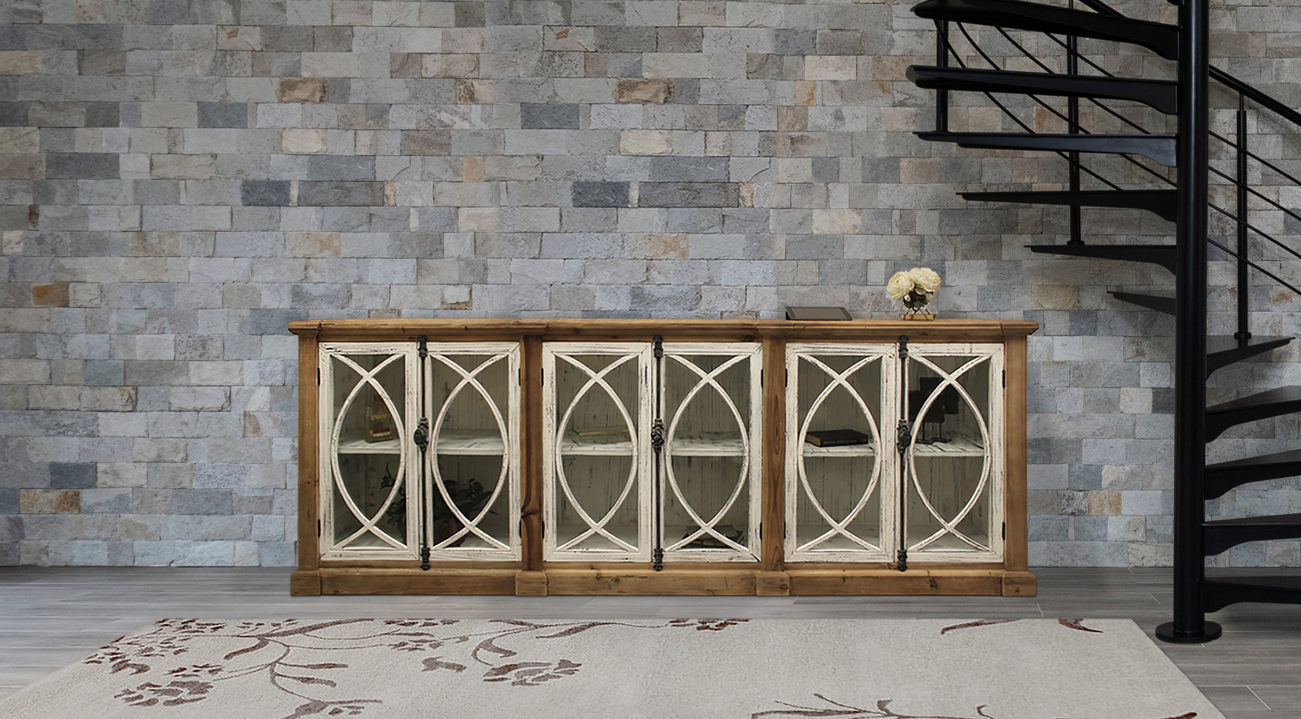 113" Brown and White Distressed Wood Credenza