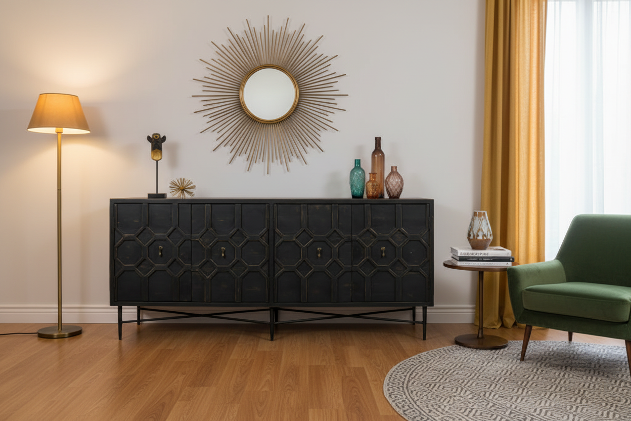 71" Black Geometric Carved Wood Sideboard