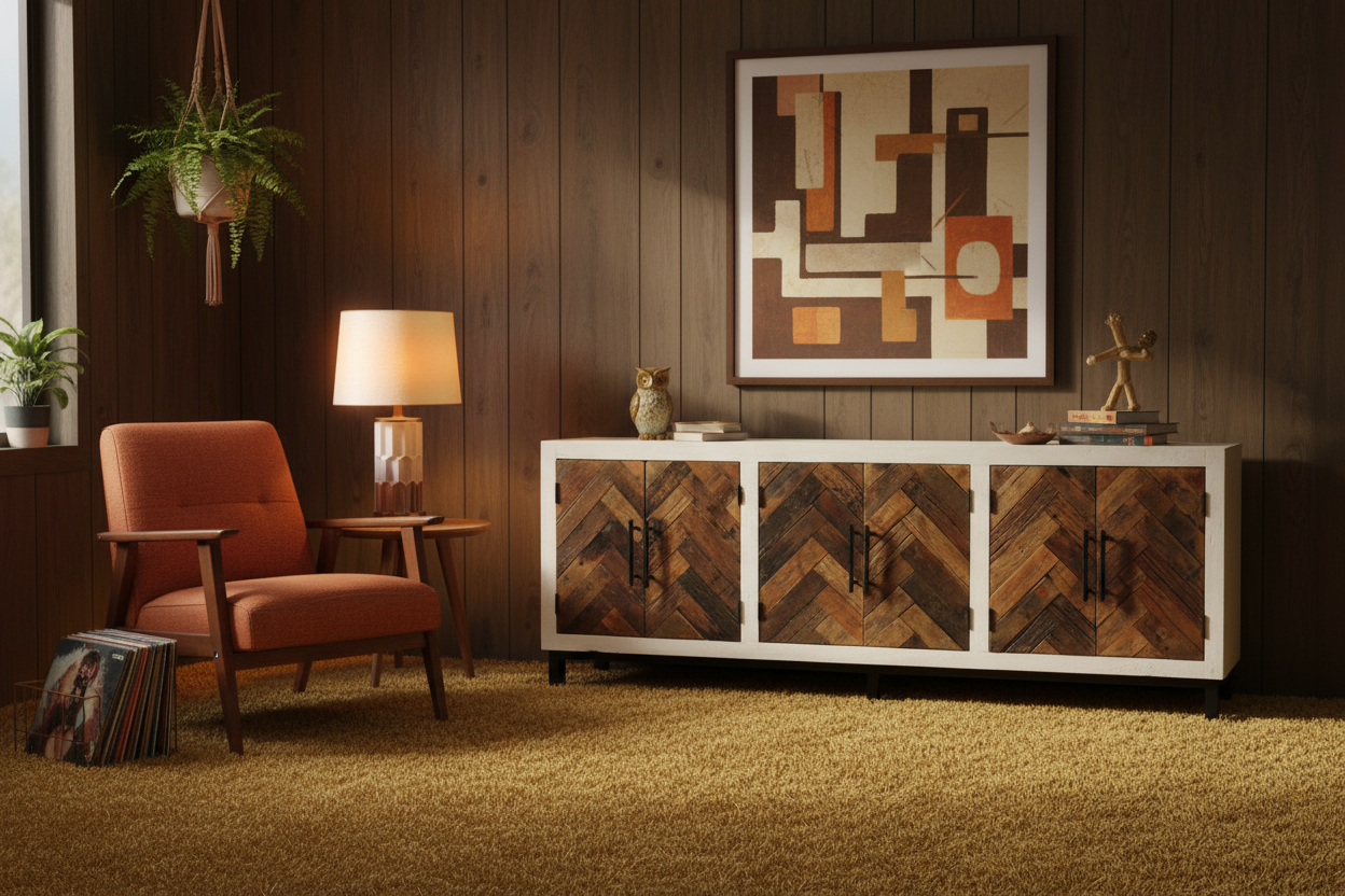 96" White and Brown Panel Mid-Century Sideboard