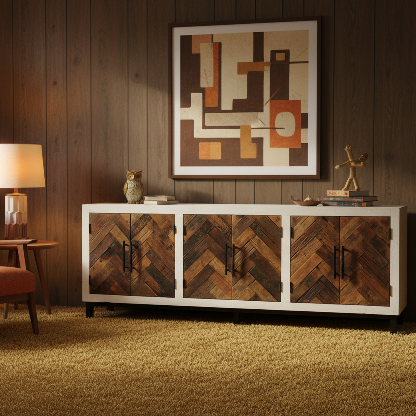 96" White and Brown Panel Mid-Century Sideboard