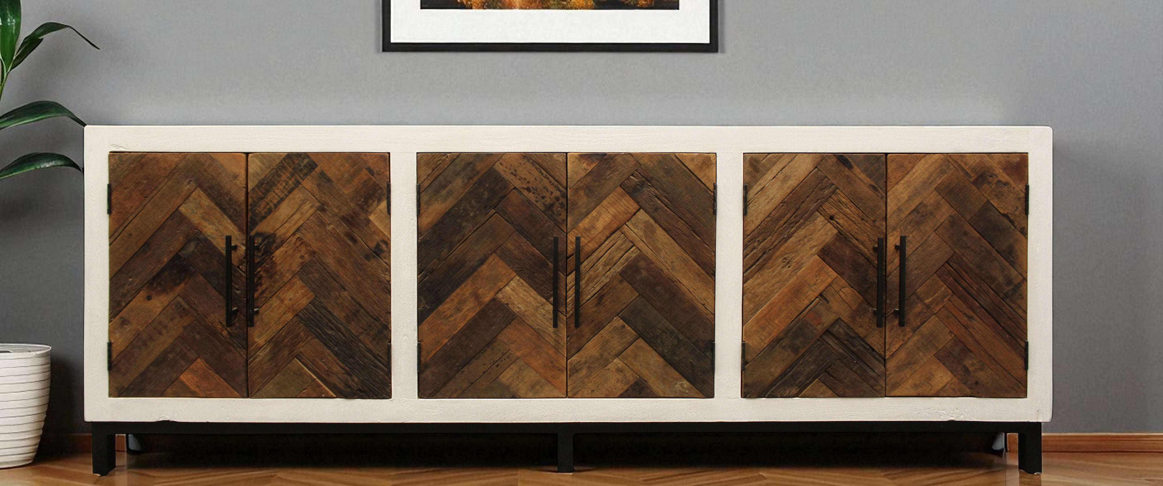 96" White and Brown Panel Mid-Century Sideboard