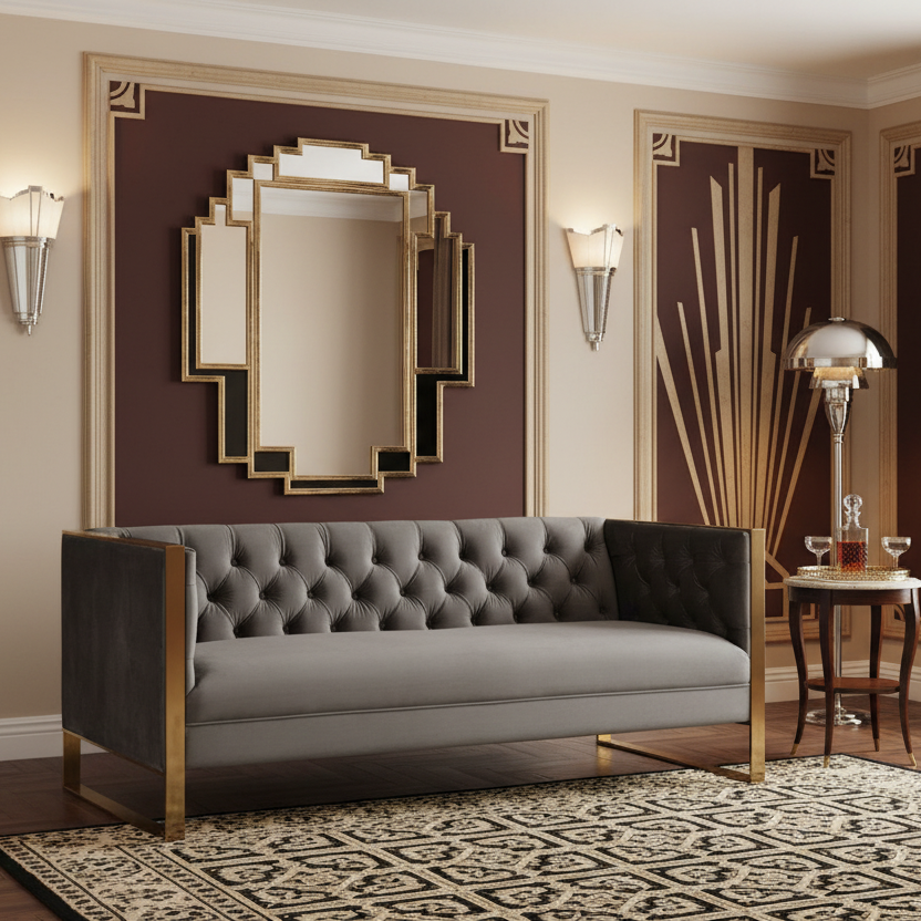 75" Gray and Gold Velvet Tuxedo Loveseat