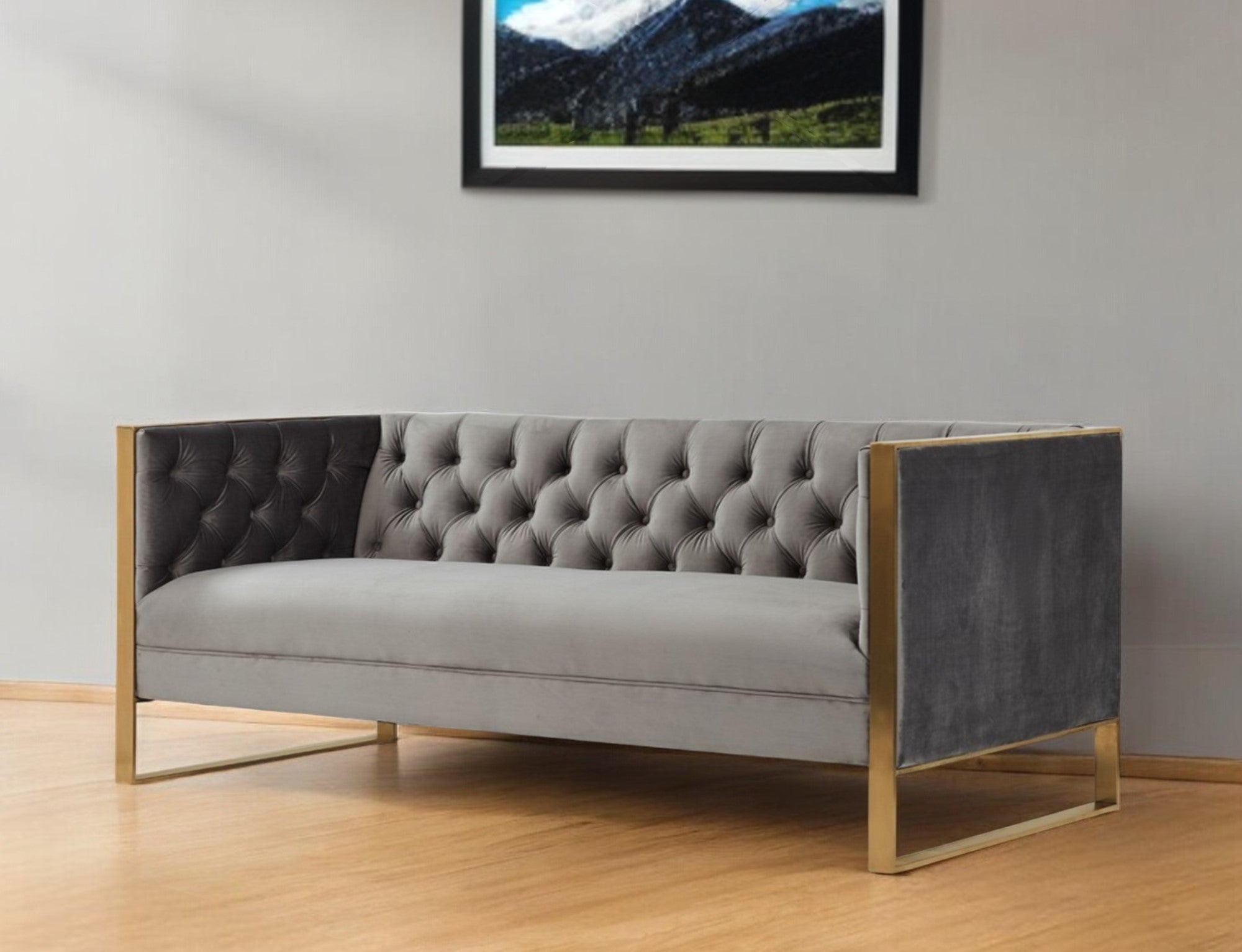 75" Gray and Gold Velvet Tuxedo Loveseat