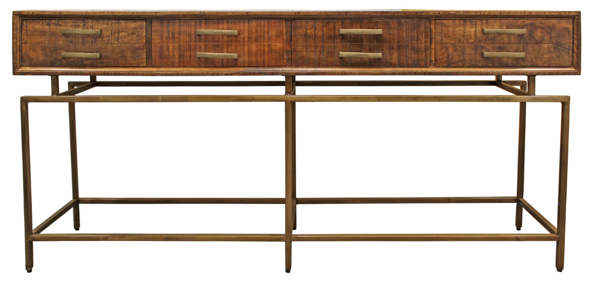 72" Brown and Brass Wood 4 Drawer Console Table