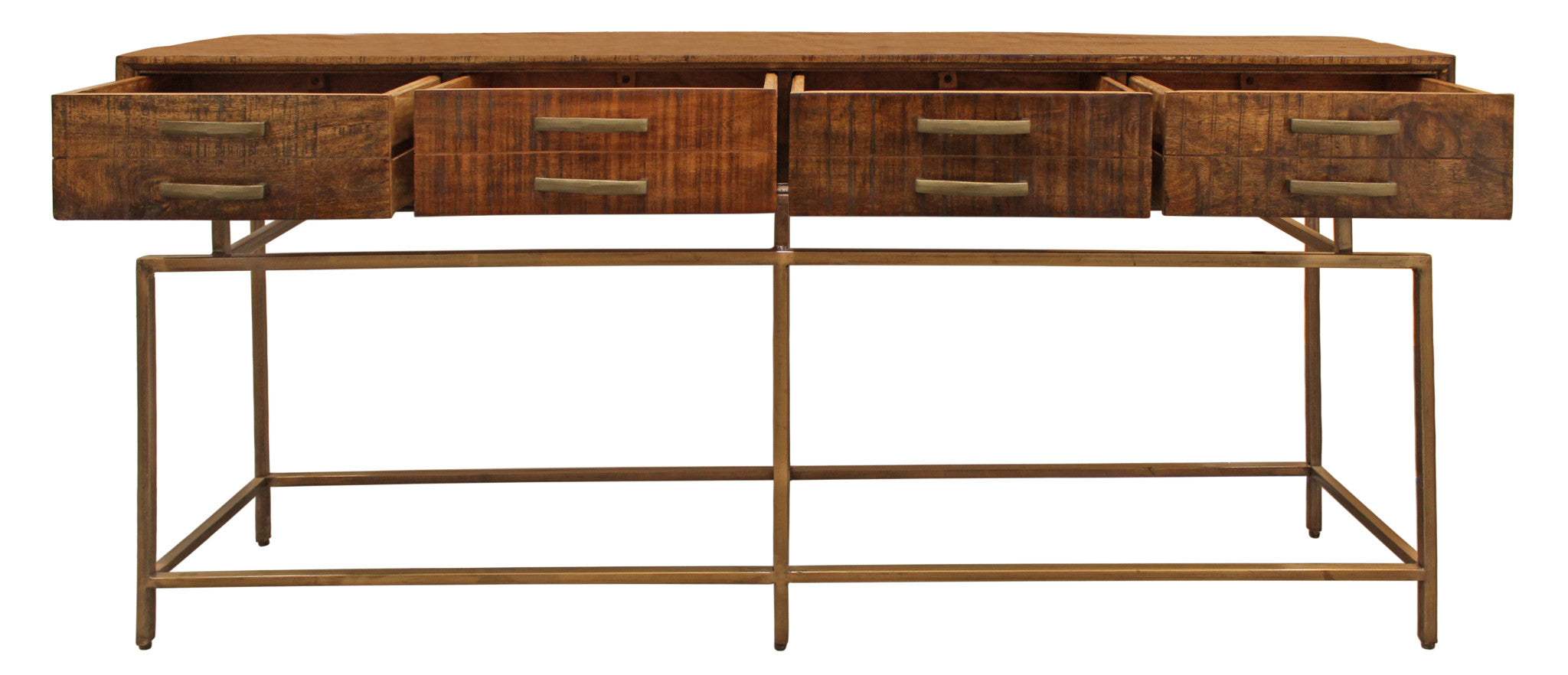 72" Brown and Brass Wood 4 Drawer Console Table