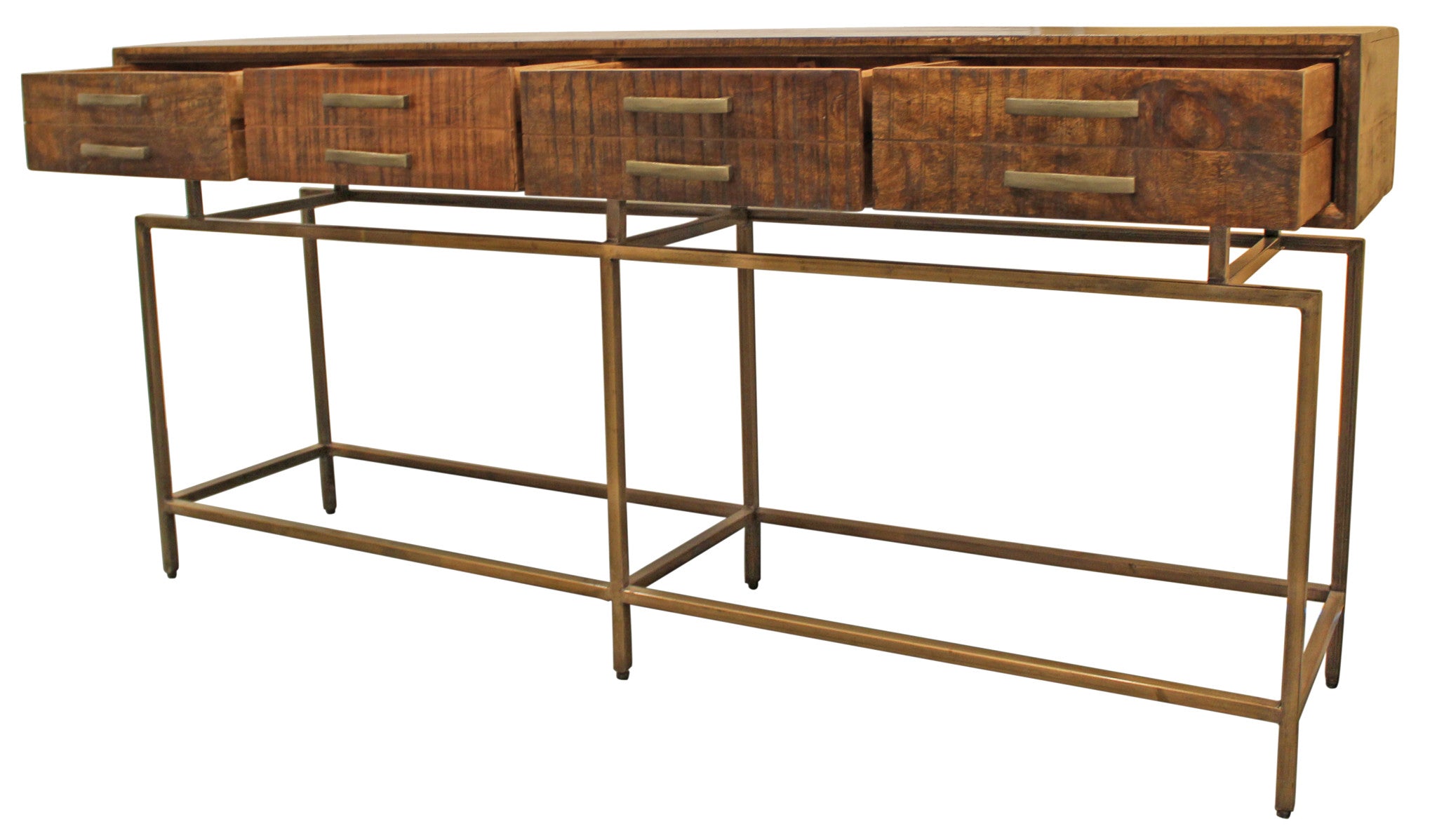 72" Brown and Brass Wood 4 Drawer Console Table