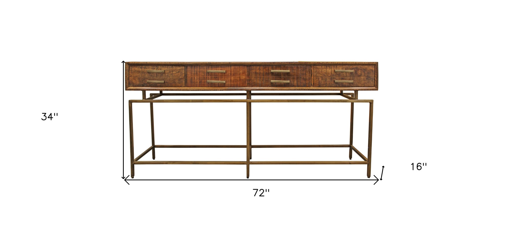 72" Brown and Brass Wood 4 Drawer Console Table