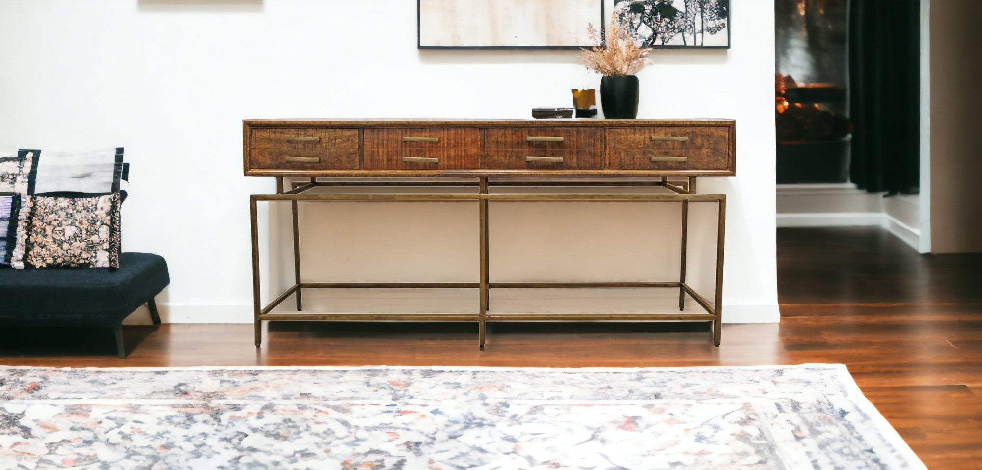 72" Brown and Brass Wood 4 Drawer Console Table