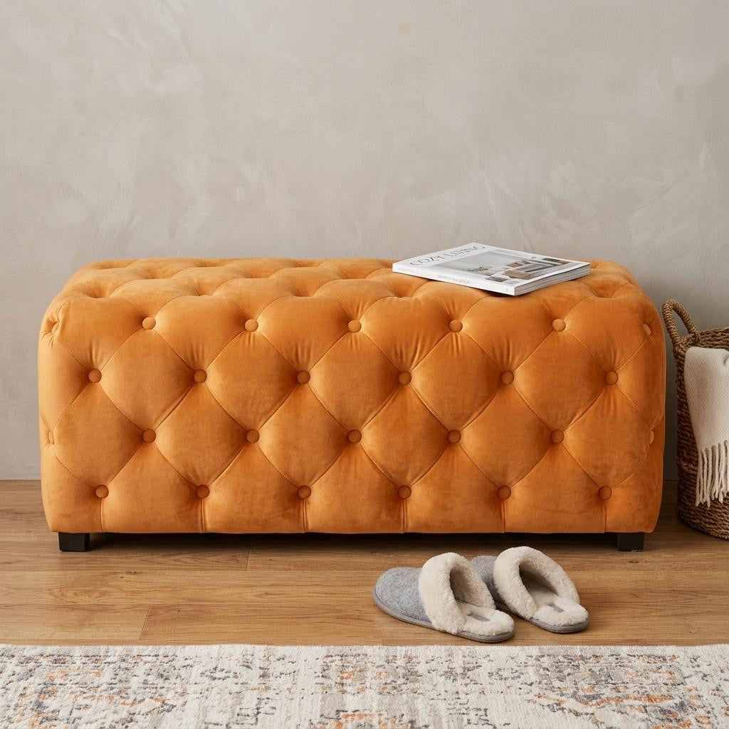 50" Orange Velvet Tufted Bench