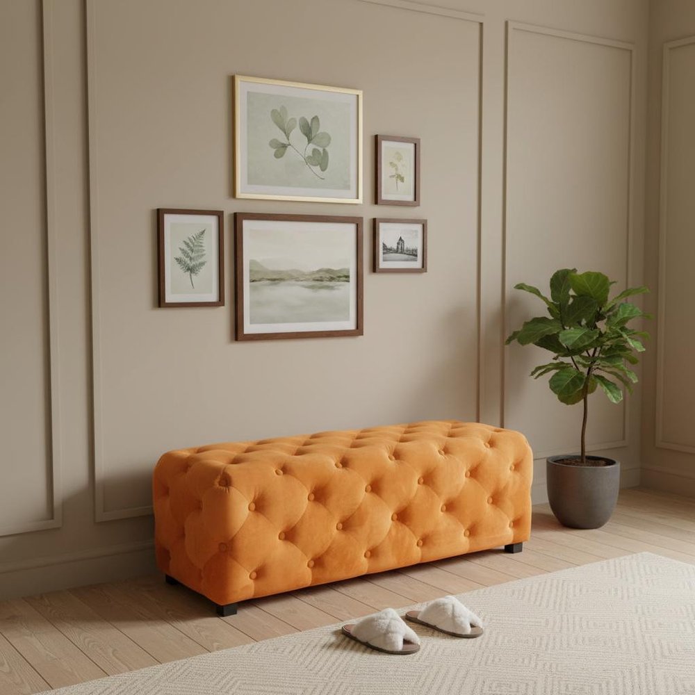 50" Orange Velvet Tufted Bench