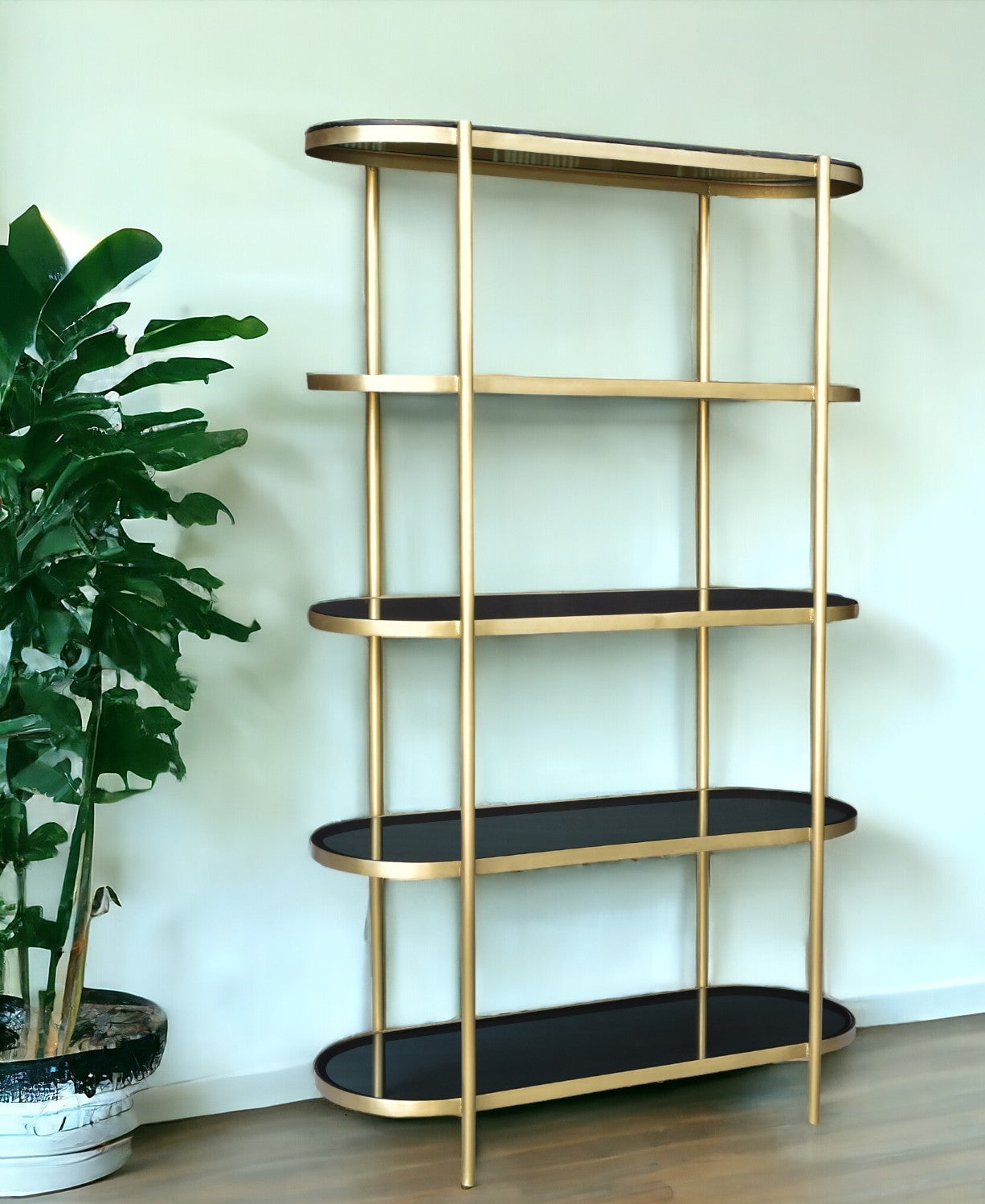 48" Black and Gold Glass 3 Platform Bookcase