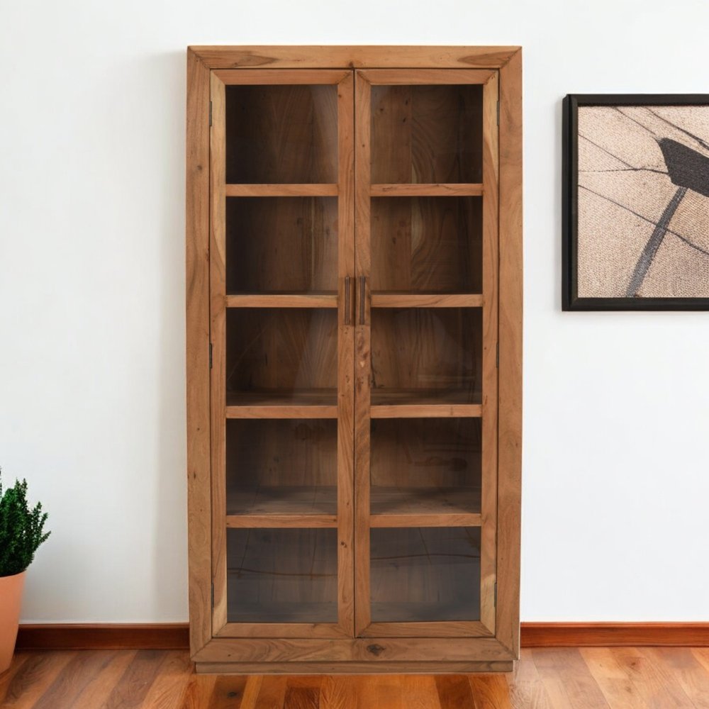 80" Brown Mango Wood Display Cabinet with Two Doors