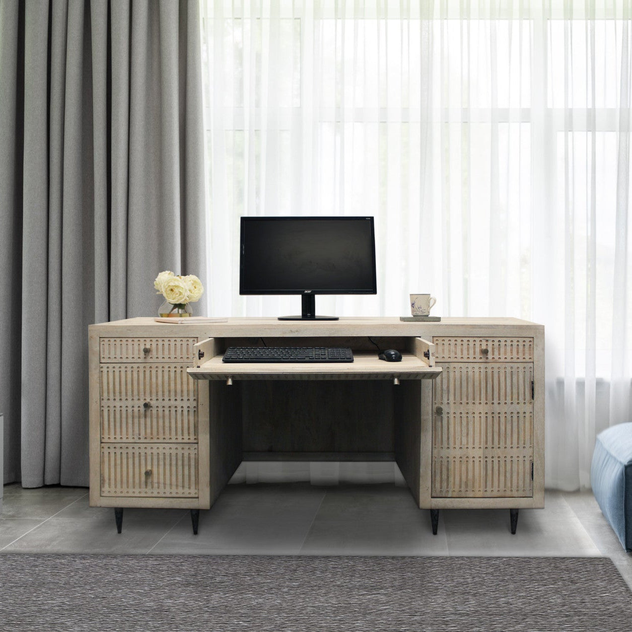 64" Mango Carved Wood Executive Desk