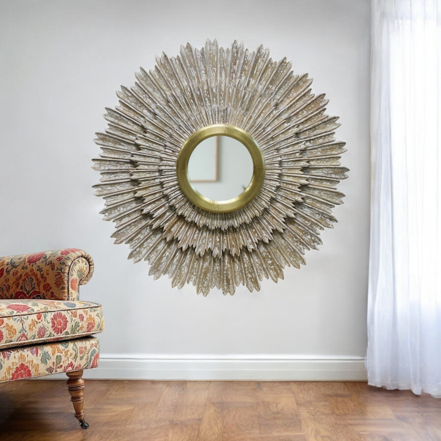 44" Antiqued Gold Sunburst Metal Mirror