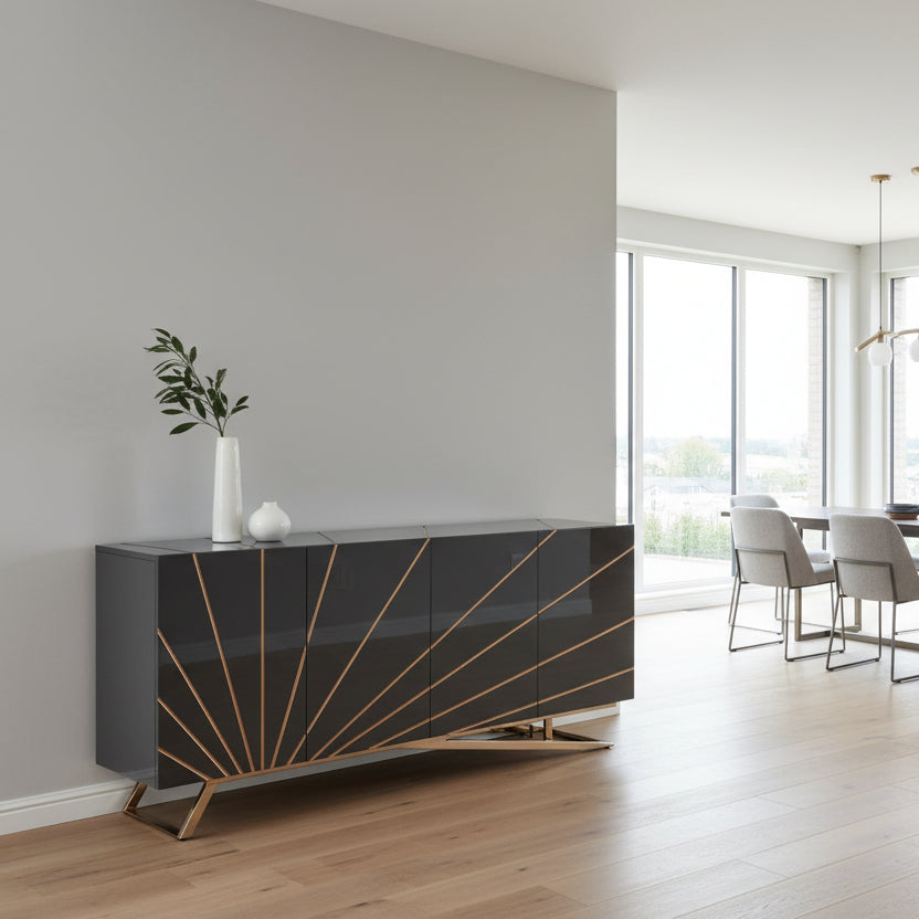 71" Gray and Gold Starburst Deco Buffet