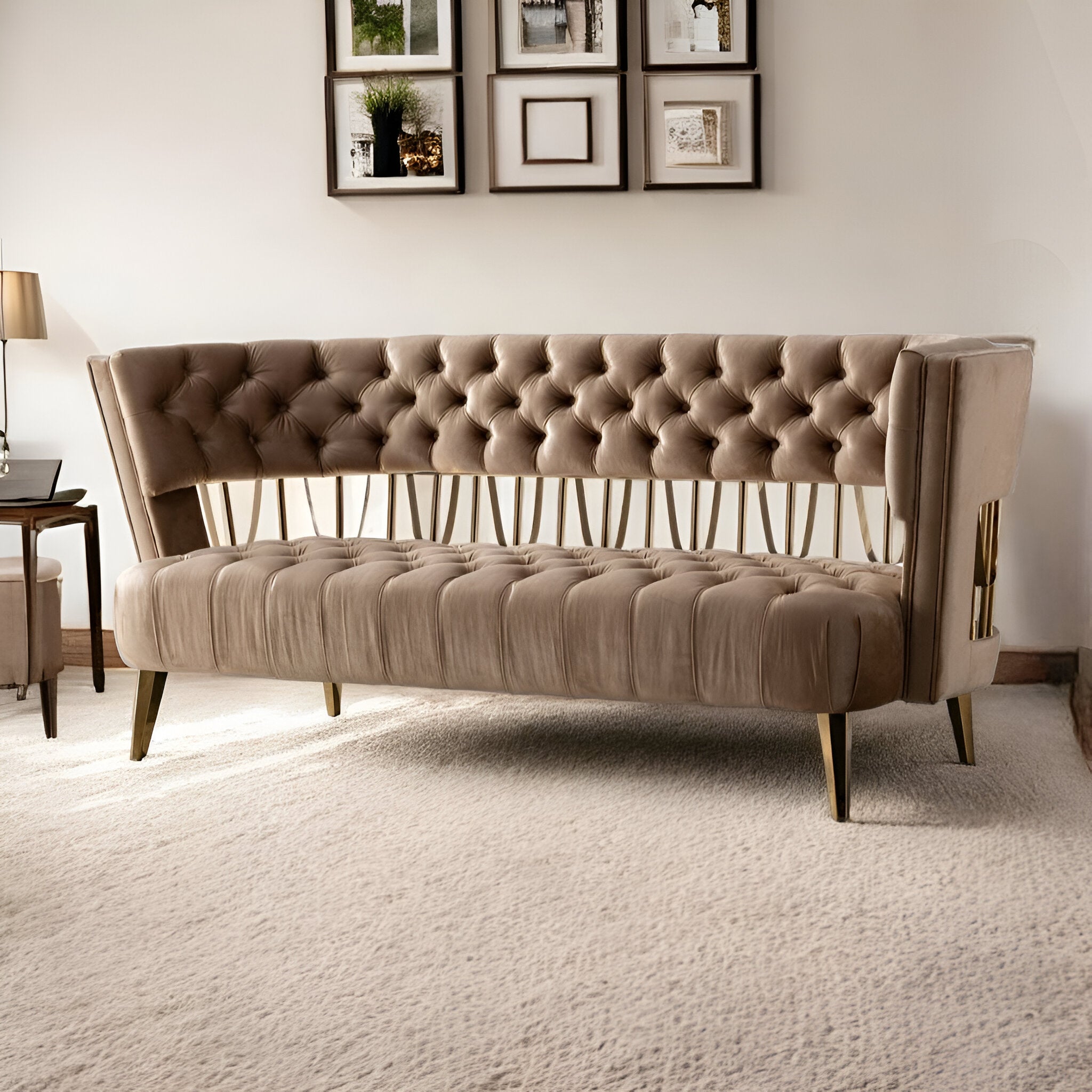 62" Brown and Gold Art Deco Velvet Loveseat