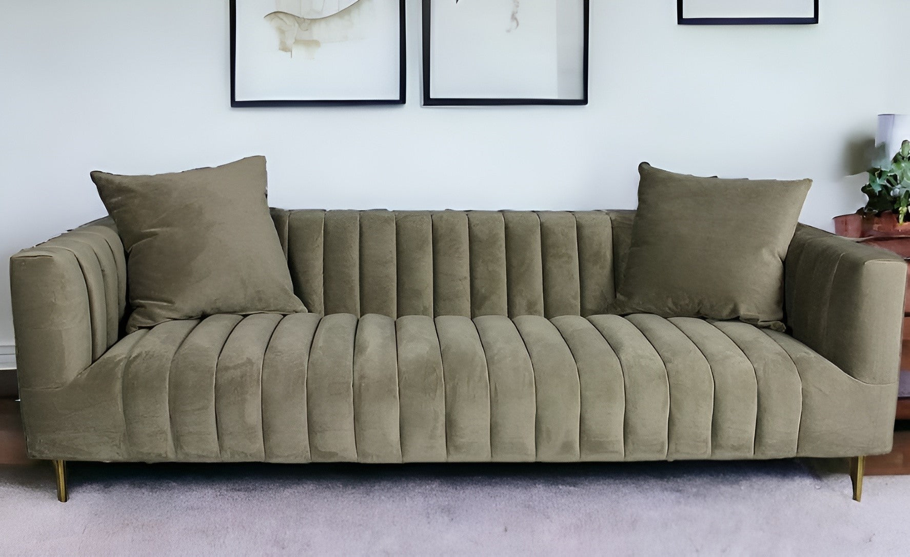 90" Brown Velvet and Gold Tuxedo Sofa