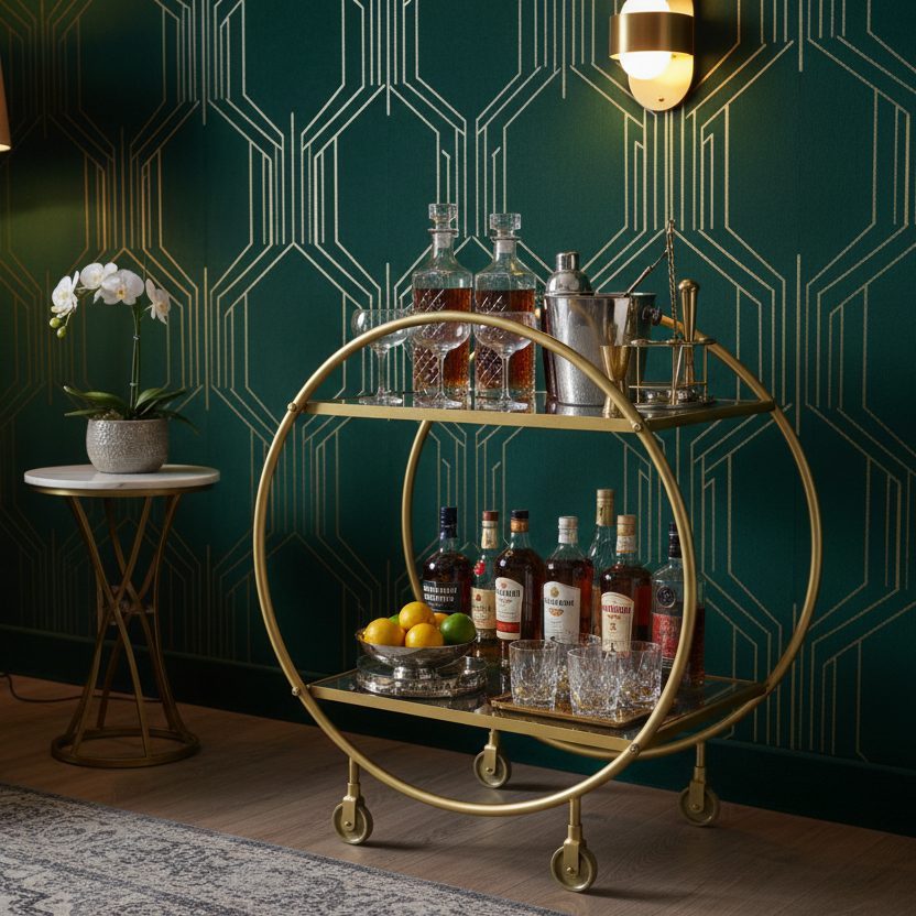 26" Gold and Gray Metal and Marble Bar Cart