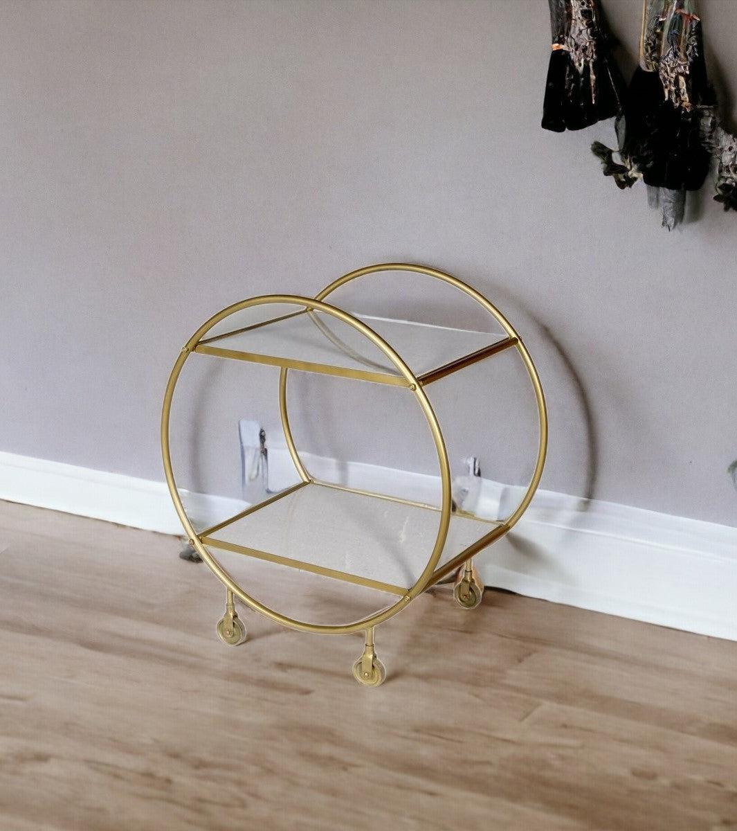 26" Gold and Gray Metal and Marble Bar Cart