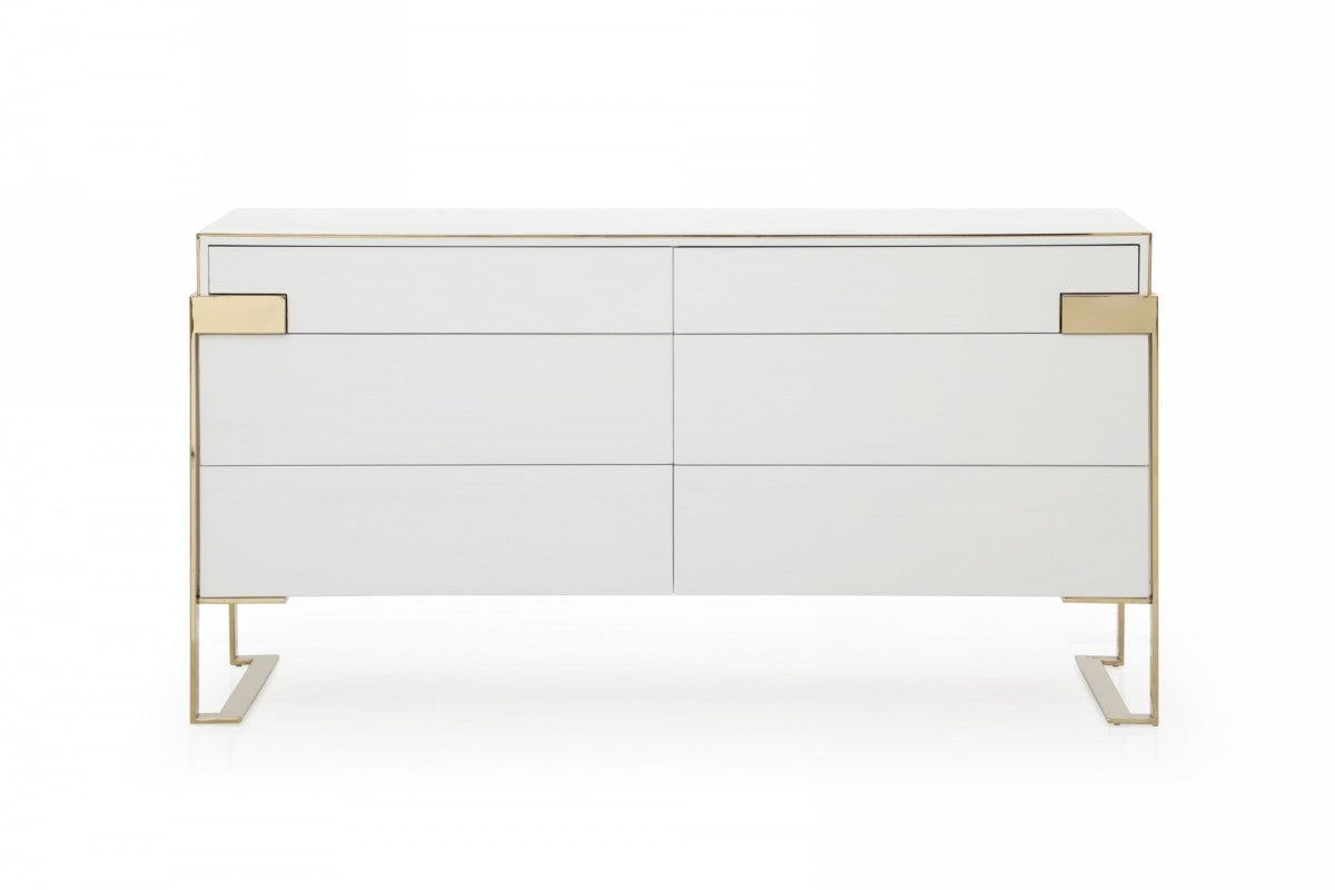 60" White and Gold Wood and Metal Contemporary Dresser