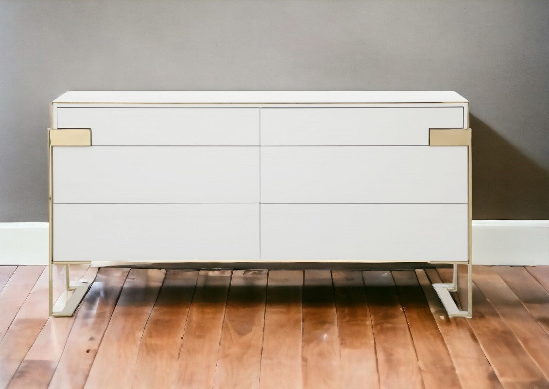 60" White and Gold Wood and Metal Contemporary Dresser