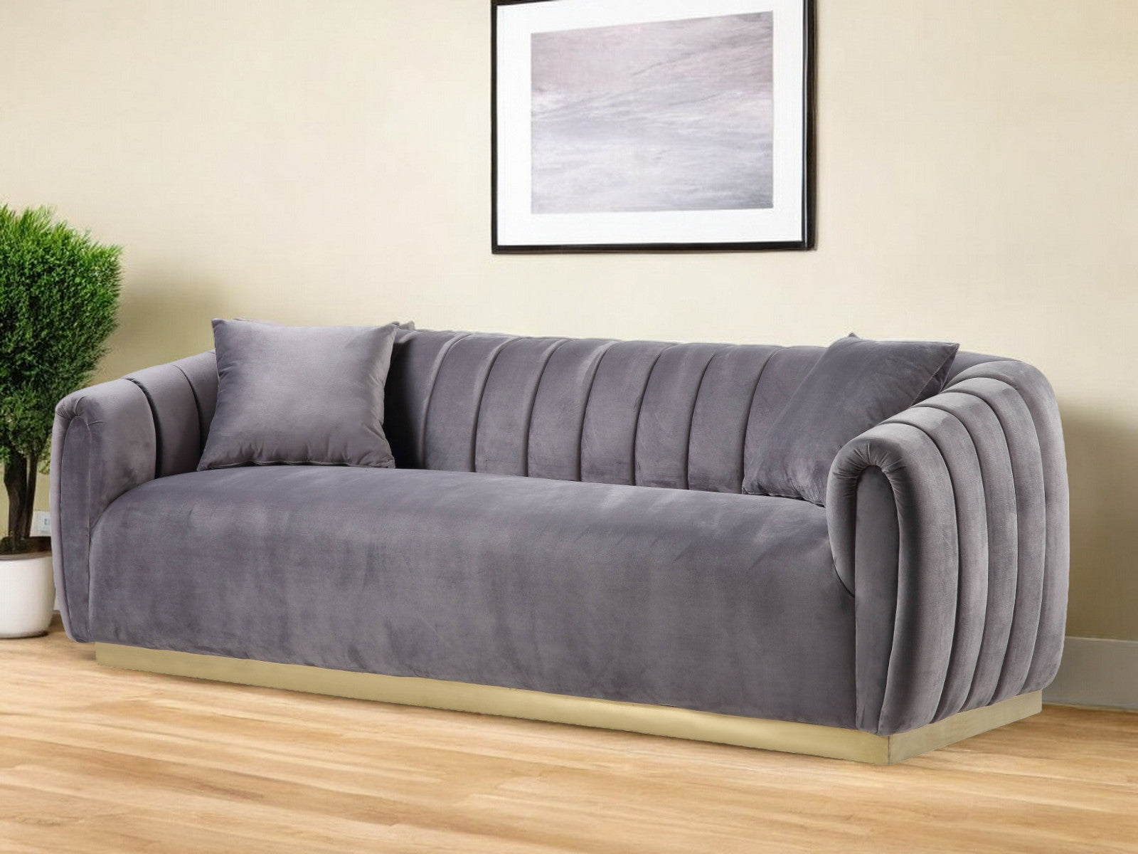 84" Gray and Gold Velvet Channel Back Sofa